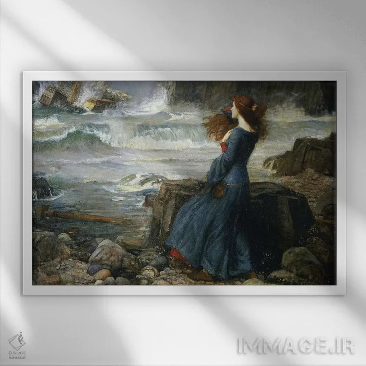 تابلو میراندا اثر جان ویلیام واترهاوس (نقاش انگلیسی سبک پره-رافائلیت) - نمای قابدار سفید