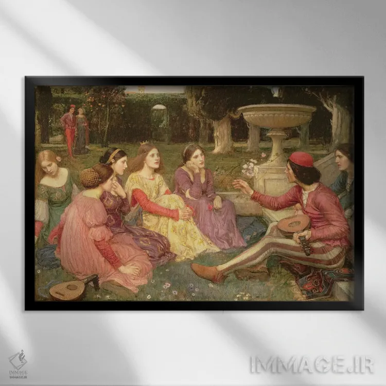 تابلو دکامرون، ۱۹۱۶ (ادبیات کلاسیک) اثر جان ویلیام واترهاوس (نقاش انگلیسی سبک پره-رافائلیت) - نمای قابدار مشکی