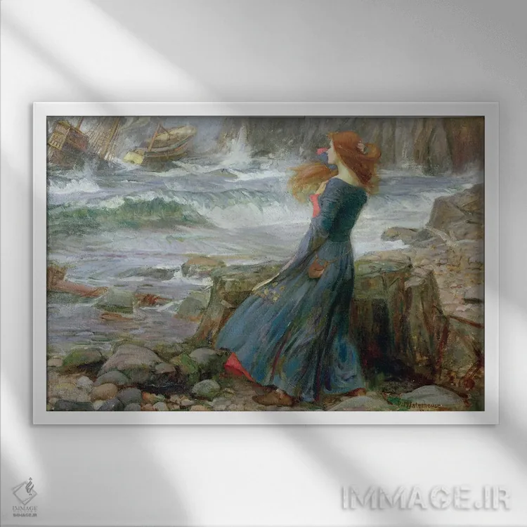 تابلو میراندا، ۱۹۱۶ اثر جان ویلیام واترهاوس (نقاش انگلیسی سبک پره-رافائلیت) - نمای قابدار سفید