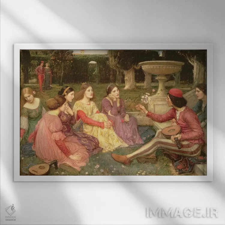 تابلو دکامرون، ۱۹۱۶ (ادبیات کلاسیک) اثر جان ویلیام واترهاوس (نقاش انگلیسی سبک پره-رافائلیت) - نمای قابدار سفید