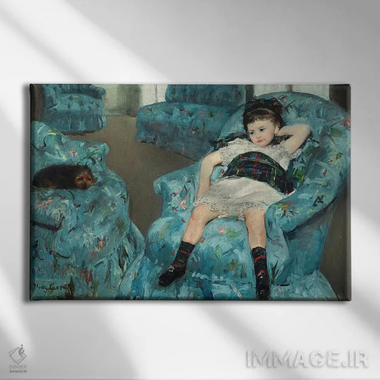 تابلو دختر کوچک بر صندلی آبی، ۱۸۷۸ اثر مری استیونسون کاسات (نقاش آمریکایی) - نمای روبهرو روی دیوار