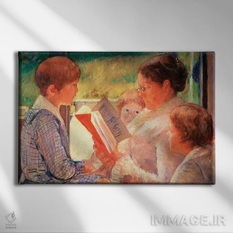 تابلو خانم کاسات در حال خواندن برای نوههایش، ۱۸۸۸ اثر مری استیونسون کاسات (نقاش آمریکایی) - نمای روبهرو روی دیوار