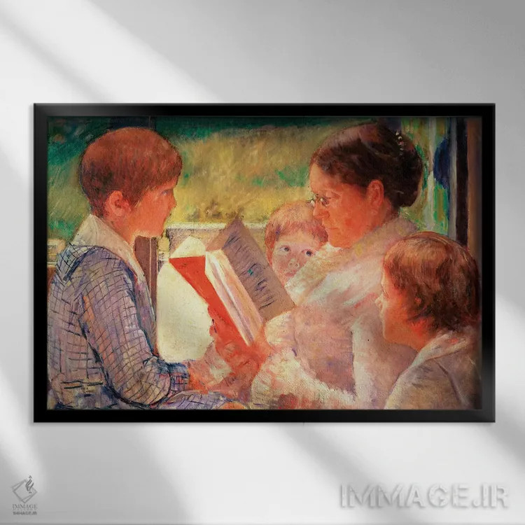 تابلو خانم کاسات در حال خواندن برای نوههایش، ۱۸۸۸ اثر مری استیونسون کاسات (نقاش آمریکایی) - نمای قابدار مشکی