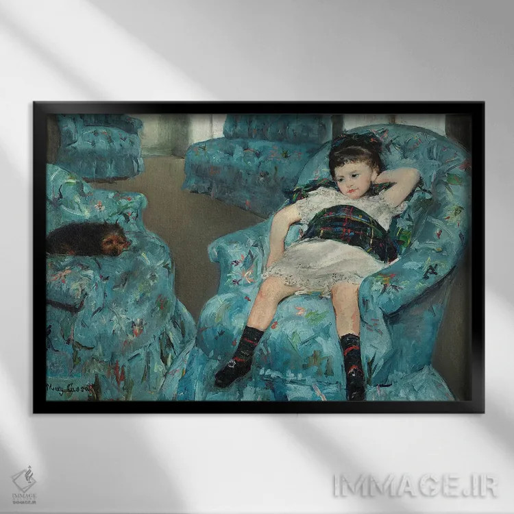 تابلو دختر کوچک بر صندلی آبی، ۱۸۷۸ اثر مری استیونسون کاسات (نقاش آمریکایی) - نمای قابدار مشکی