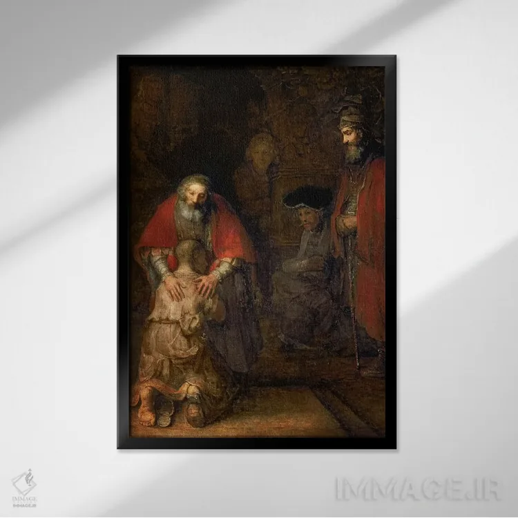 تابلو بازگشت پسر گمشده (حدود ۱۶۶۸–۶۹) اثر رمبرانت فان رَین (نقاش بزرگ هلندی) - نمای قابدار مشکی