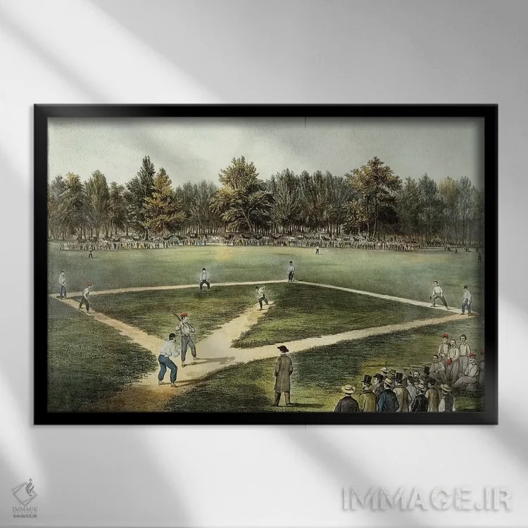 تابلو بازی ملی بیسبال آمریکا اثر کاریه و آیووز (استودیو لیتوگرافی تاریخی آمریکا) - نمای قابدار مشکی