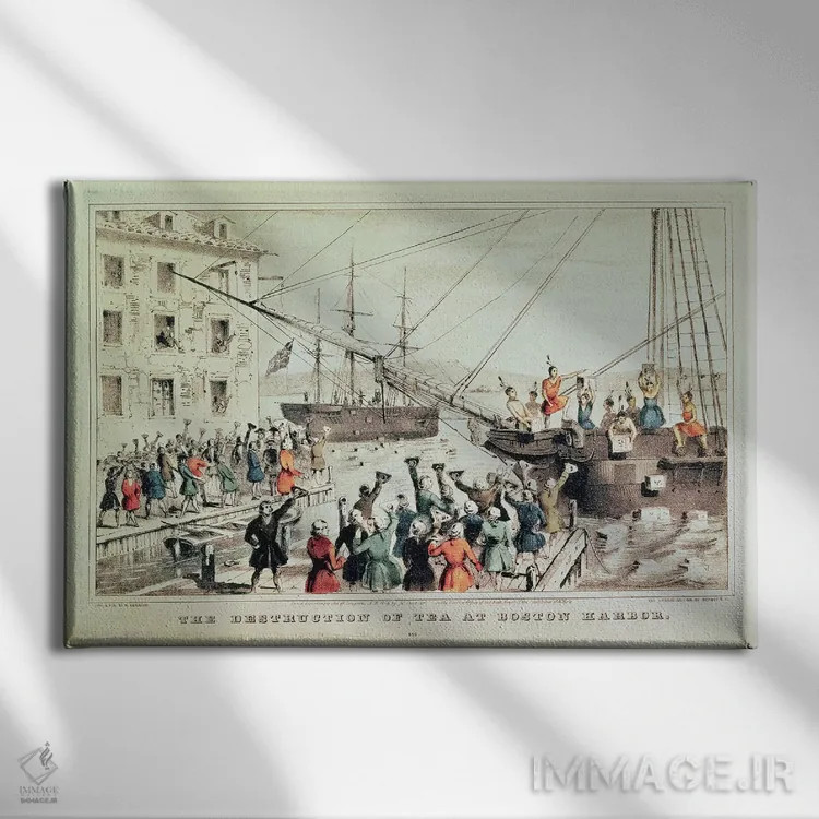 تابلو مهمانی چای بوستون، ۱۸۴۶ (رویداد تاریخی) اثر کاریه و آیووز (استودیو لیتوگرافی تاریخی آمریکا) - نمای روبهرو روی دیوار