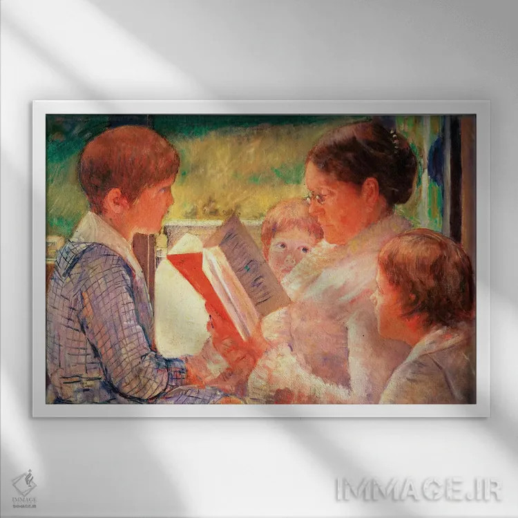 تابلو خانم کاسات در حال خواندن برای نوههایش، ۱۸۸۸ اثر مری استیونسون کاسات (نقاش آمریکایی) - نمای قابدار سفید