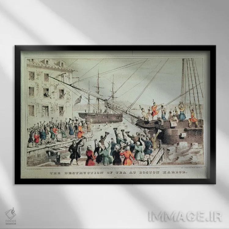 تابلو مهمانی چای بوستون، ۱۸۴۶ (رویداد تاریخی) اثر کاریه و آیووز (استودیو لیتوگرافی تاریخی آمریکا) - نمای قابدار مشکی