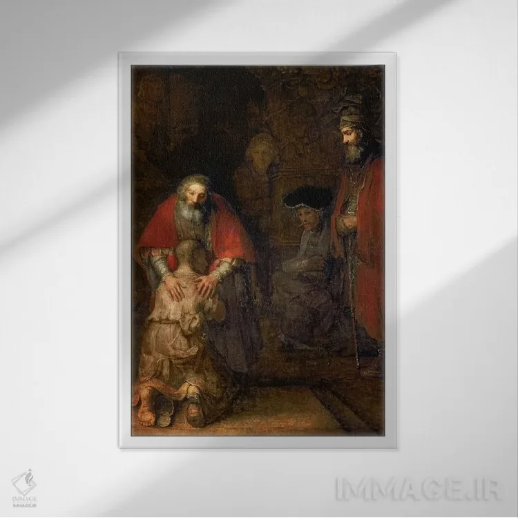 تابلو بازگشت پسر گمشده (حدود ۱۶۶۸–۶۹) اثر رمبرانت فان رَین (نقاش بزرگ هلندی) - نمای قابدار سفید