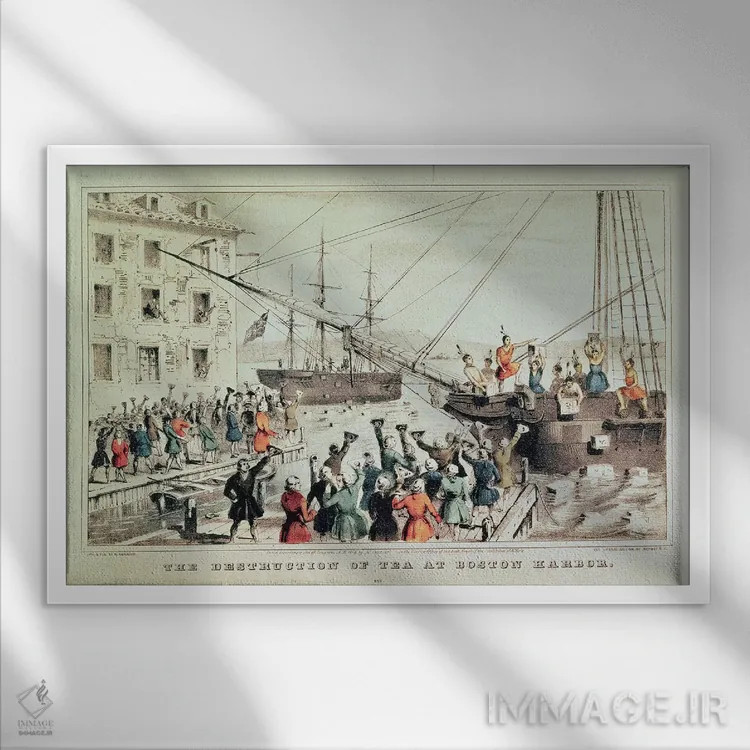 تابلو مهمانی چای بوستون، ۱۸۴۶ (رویداد تاریخی) اثر کاریه و آیووز (استودیو لیتوگرافی تاریخی آمریکا) - نمای قابدار سفید