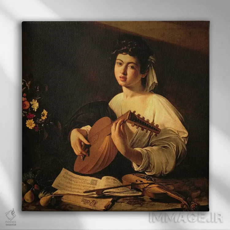 تابلو نوازنده عود (حدود ۱۵۹۵) اثر میکلآنژو مریزی دا کاراواجو (کاراواجو؛ نقاش بزرگ ایتالیایی) - نمای روبهرو روی دیوار