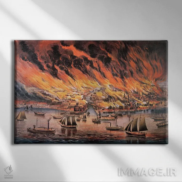 تابلو آتشسوزی بزرگ شیکاگو، ۱۸۷۱ اثر کاریه و آیووز (استودیو لیتوگرافی تاریخی آمریکا) - نمای روبهرو روی دیوار