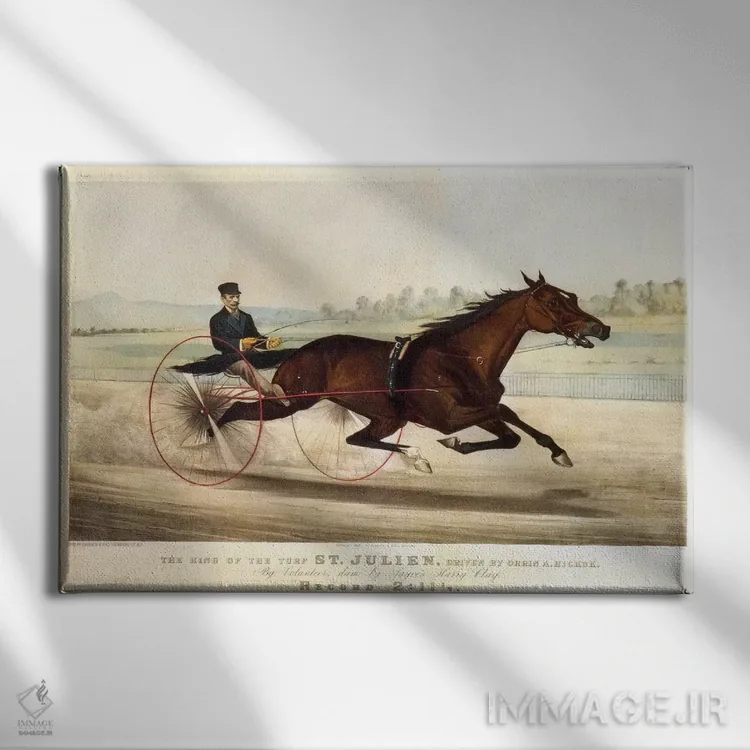 تابلو Driven By Orrin A. Hickok, 1880",پادشاه میدان اسبدوانی "سنت ژولین" با رانندگی اورین ا. هیکاک، ۱۸۸۰ اثر کاریه و آیووز (استودیو لیتوگرافی تاریخی آمریکا) - نمای روبهرو روی دیوار