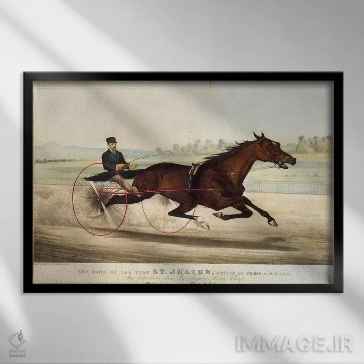 تابلو Driven By Orrin A. Hickok, 1880",پادشاه میدان اسبدوانی "سنت ژولین" با رانندگی اورین ا. هیکاک، ۱۸۸۰ اثر کاریه و آیووز (استودیو لیتوگرافی تاریخی آمریکا) - نمای قابدار مشکی