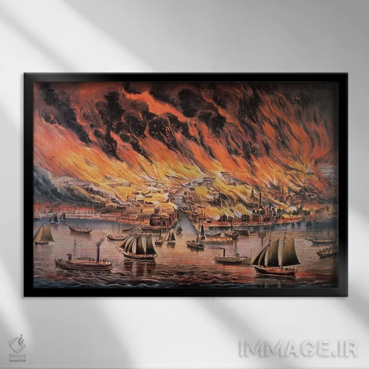 تابلو آتشسوزی بزرگ شیکاگو، ۱۸۷۱ اثر کاریه و آیووز (استودیو لیتوگرافی تاریخی آمریکا) - نمای قابدار مشکی