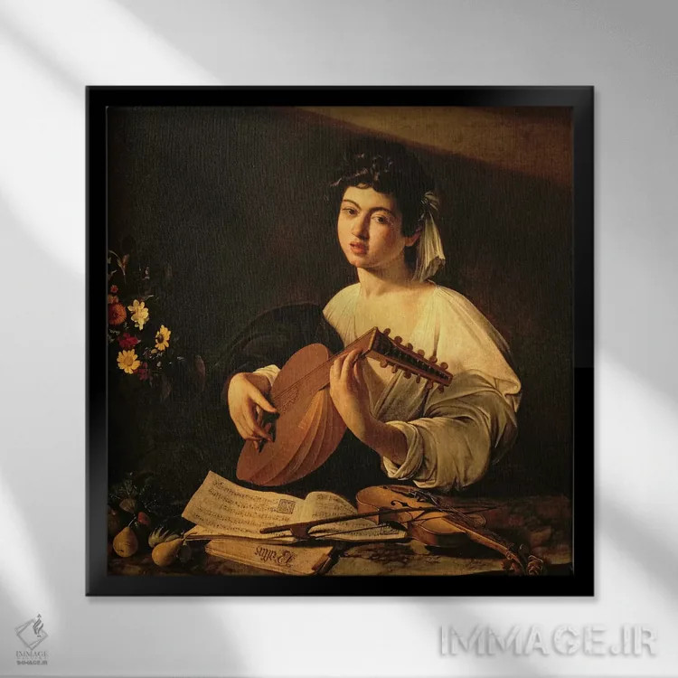 تابلو نوازنده عود (حدود ۱۵۹۵) اثر میکلآنژو مریزی دا کاراواجو (کاراواجو؛ نقاش بزرگ ایتالیایی) - نمای قابدار مشکی