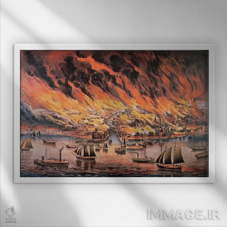 تابلو آتشسوزی بزرگ شیکاگو، ۱۸۷۱ اثر کاریه و آیووز (استودیو لیتوگرافی تاریخی آمریکا) - نمای قابدار سفید