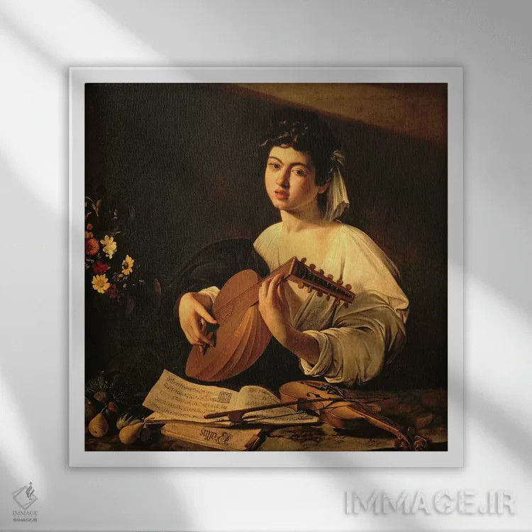 تابلو نوازنده عود (حدود ۱۵۹۵) اثر میکلآنژو مریزی دا کاراواجو (کاراواجو؛ نقاش بزرگ ایتالیایی) - نمای قابدار سفید