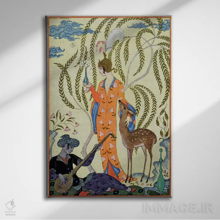 تابلو illustration from 'The Art of Perfume', pub. 1912 (pochoir print),ایران، تصویرسازی از "هنر عطرسازی"، چاپ ۱۹۱۲ (چاپ پوشر) اثر جورج باربیه (طراح و تصویرگر فرانسوی) - نمای روبهرو روی دیوار