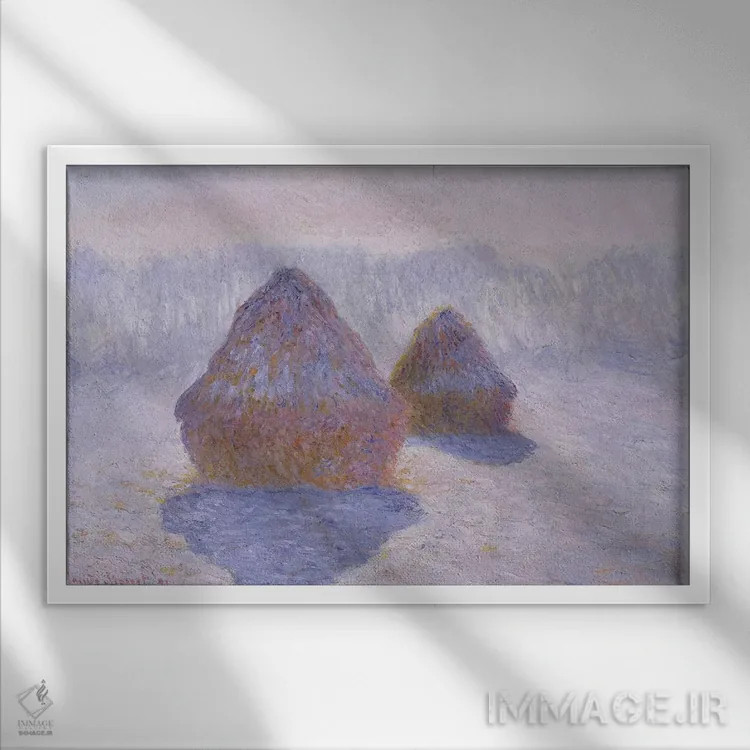 تابلو 1891,کومههای یونجه (تأثیر برف و خورشید)، ۱۸۹۱ اثر کلود مونه (نقاش معروف فرانسوی) - نمای قابدار سفید