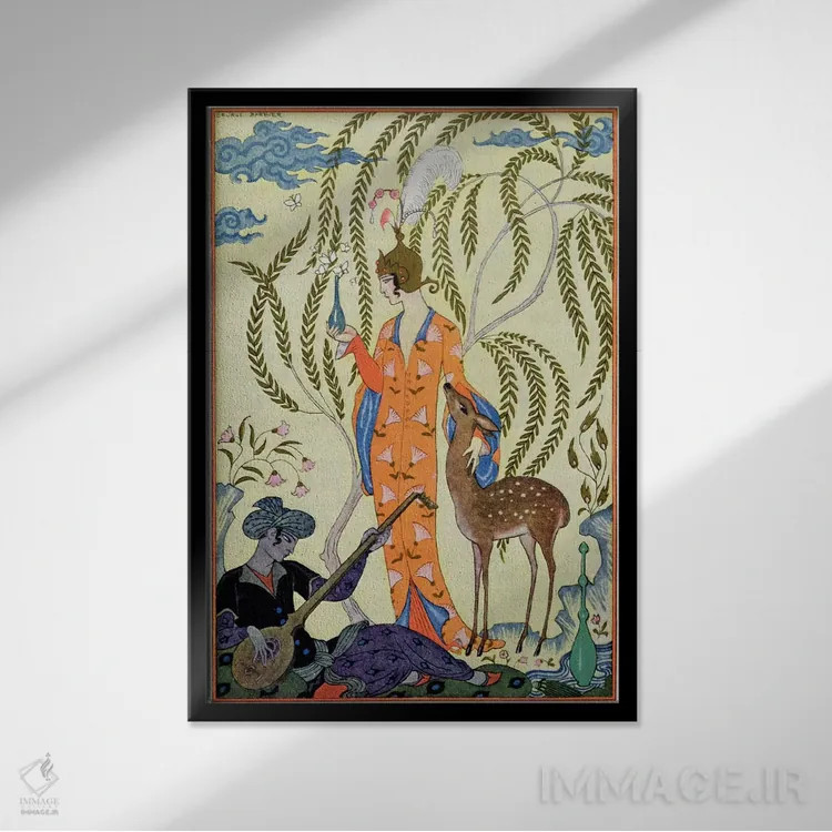 تابلو illustration from 'The Art of Perfume', pub. 1912 (pochoir print),ایران، تصویرسازی از "هنر عطرسازی"، چاپ ۱۹۱۲ (چاپ پوشر) اثر جورج باربیه (طراح و تصویرگر فرانسوی) - نمای قابدار مشکی