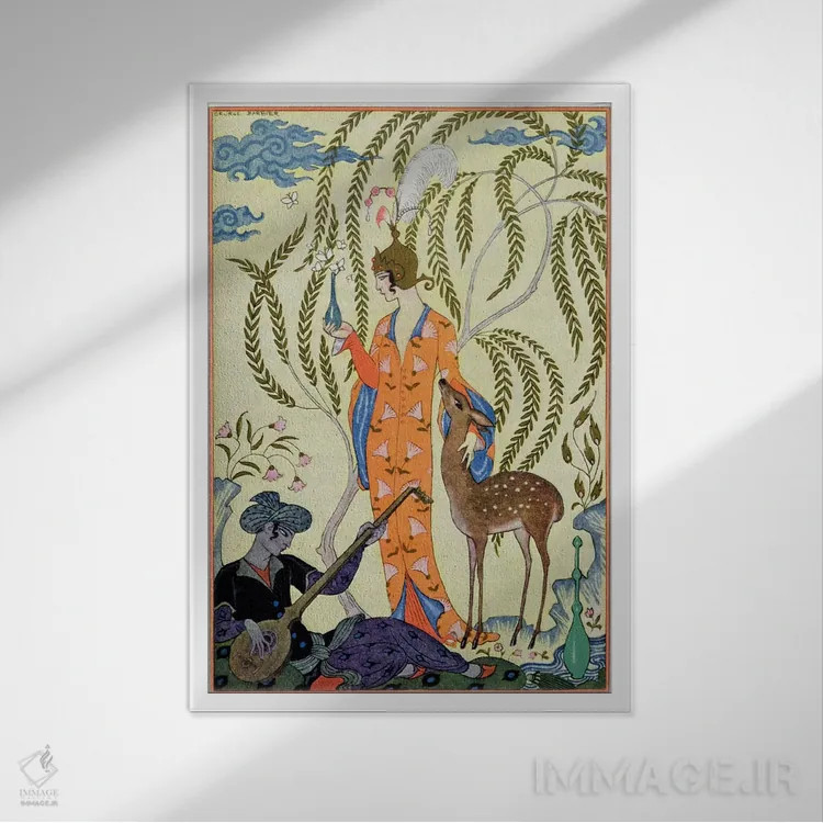 تابلو illustration from 'The Art of Perfume', pub. 1912 (pochoir print),ایران، تصویرسازی از "هنر عطرسازی"، چاپ ۱۹۱۲ (چاپ پوشر) اثر جورج باربیه (طراح و تصویرگر فرانسوی) - نمای قابدار سفید