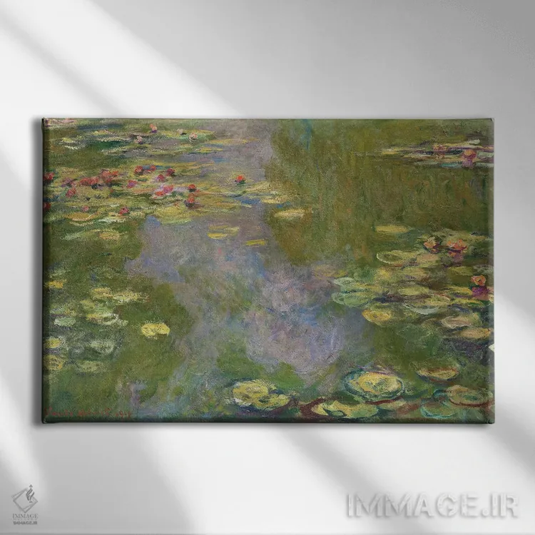 تابلو 1919,نیلوفرهای آبی، ۱۹۱۹ اثر کلود مونه (نقاش معروف فرانسوی) - نمای روبهرو روی دیوار
