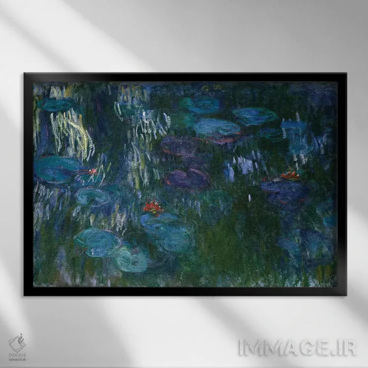 تابلو 1916-19,نیلوفرهای آبی، ۱۹۱۶-۱۹ اثر کلود مونه (نقاش معروف فرانسوی) - نمای قابدار مشکی