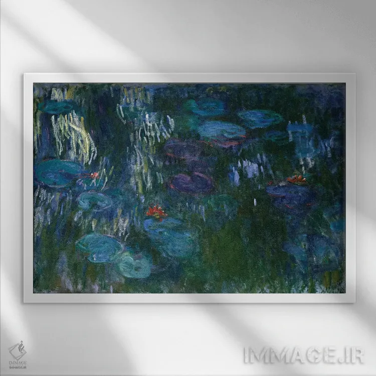 تابلو 1916-19,نیلوفرهای آبی، ۱۹۱۶-۱۹ اثر کلود مونه (نقاش معروف فرانسوی) - نمای قابدار سفید