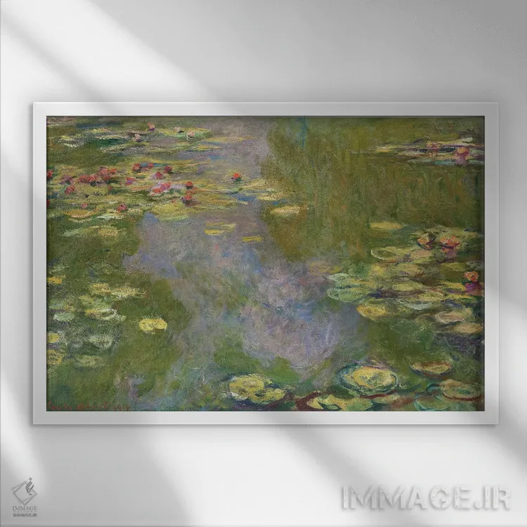 تابلو 1919,نیلوفرهای آبی، ۱۹۱۹ اثر کلود مونه (نقاش معروف فرانسوی) - نمای قابدار سفید