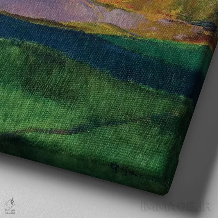 تابلو 1894,منظره برتانی: آسیاب دیوید، ۱۸۹۴ اثر پل گوگن - نمای نزدیک بافت بوم