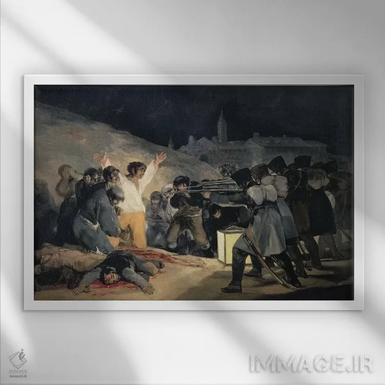 تابلو 1808), 1814,اعدام مدافعان مادرید (۳ مه ۱۸۰۸)، ۱۸۱۴ اثر فرانسیسکو گویا (نقاش و چاپگر اسپانیایی) - نمای قابدار سفید