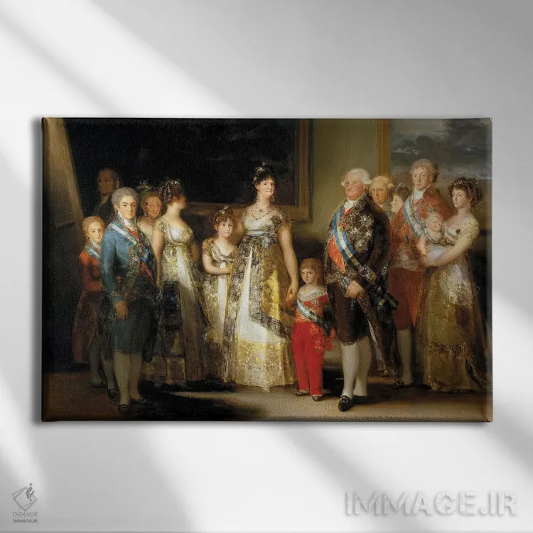 تابلو With Their Family, 1800,شاه و ملکه اسپانیا (کارلوس چهارم و ماریا لوئیزا) به همراه خانواده، ۱۸۰۰ اثر فرانسیسکو گویا (نقاش و چاپگر اسپانیایی) - نمای روبهرو روی دیوار