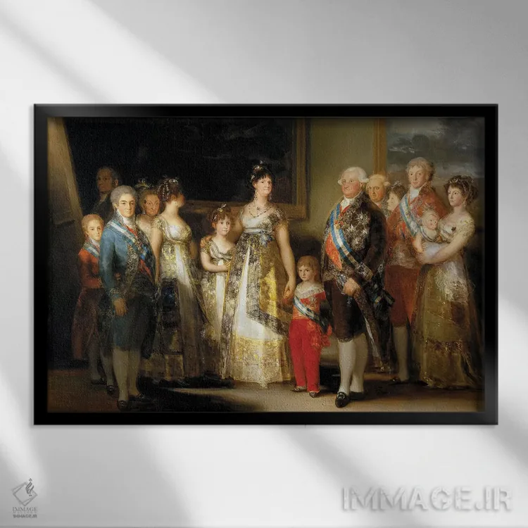 تابلو With Their Family, 1800,شاه و ملکه اسپانیا (کارلوس چهارم و ماریا لوئیزا) به همراه خانواده، ۱۸۰۰ اثر فرانسیسکو گویا (نقاش و چاپگر اسپانیایی) - نمای قابدار مشکی