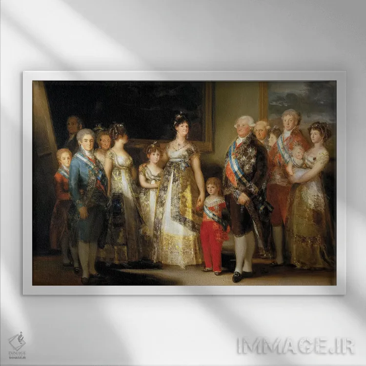 تابلو With Their Family, 1800,شاه و ملکه اسپانیا (کارلوس چهارم و ماریا لوئیزا) به همراه خانواده، ۱۸۰۰ اثر فرانسیسکو گویا (نقاش و چاپگر اسپانیایی) - نمای قابدار سفید