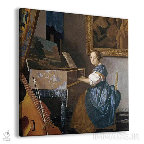 تابلو c.1670,دوشیزه جوان نشسته پای ویرجینال، حدود ۱۶۷۰ اثر یوهانس ورمیر (نقاش هلندی) - نمای پرسپکتیو محصول