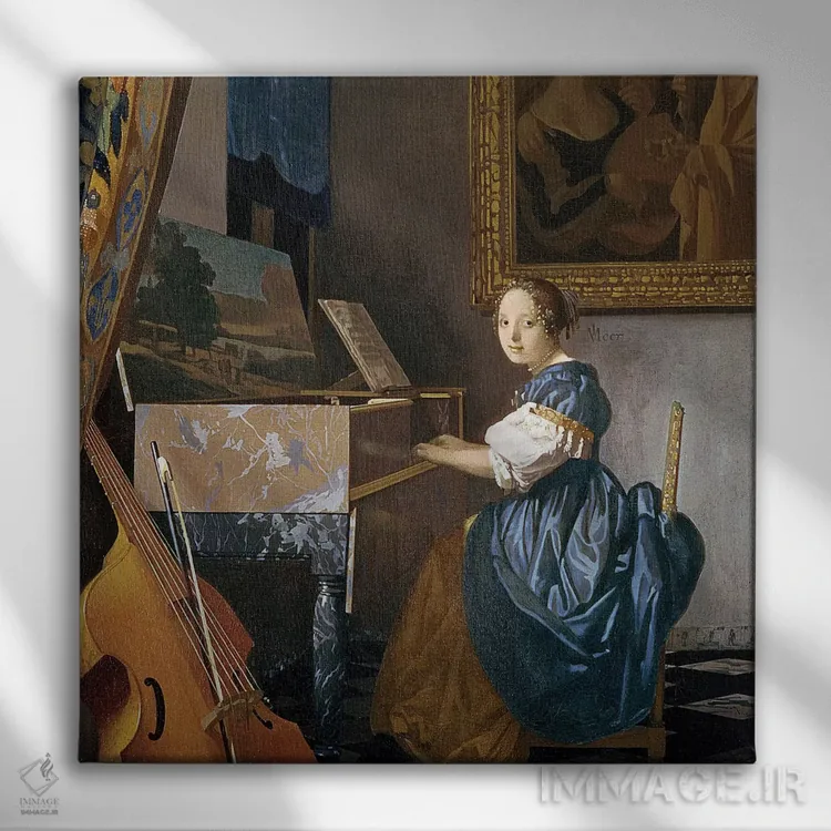 تابلو c.1670,دوشیزه جوان نشسته پای ویرجینال، حدود ۱۶۷۰ اثر یوهانس ورمیر (نقاش هلندی) - نمای روبهرو روی دیوار