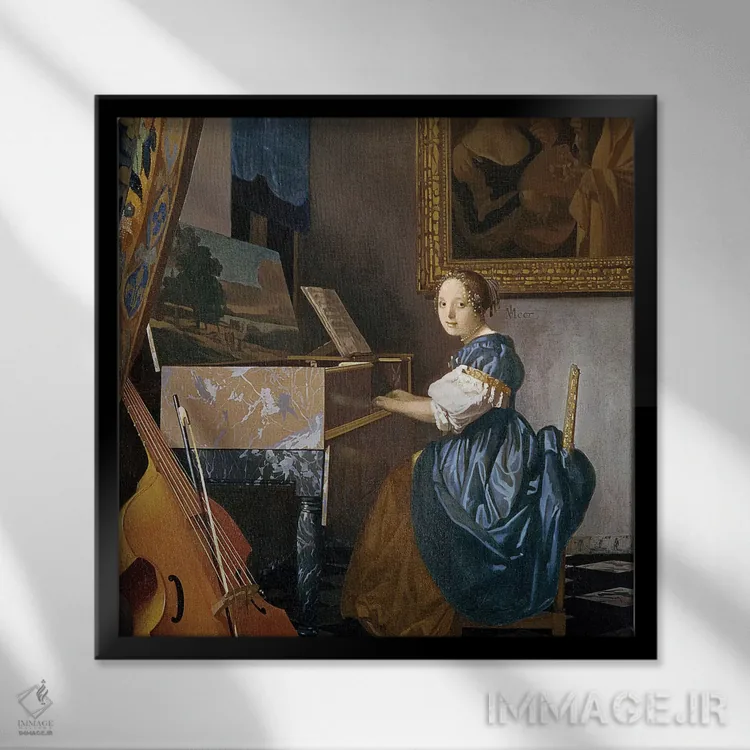 تابلو c.1670,دوشیزه جوان نشسته پای ویرجینال، حدود ۱۶۷۰ اثر یوهانس ورمیر (نقاش هلندی) - نمای قابدار مشکی