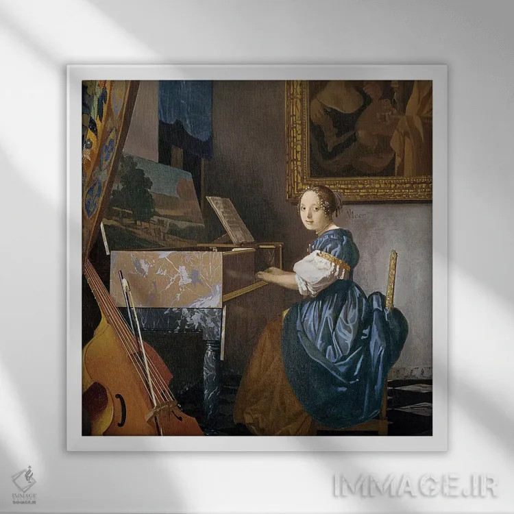 تابلو c.1670,دوشیزه جوان نشسته پای ویرجینال، حدود ۱۶۷۰ اثر یوهانس ورمیر (نقاش هلندی) - نمای قابدار سفید