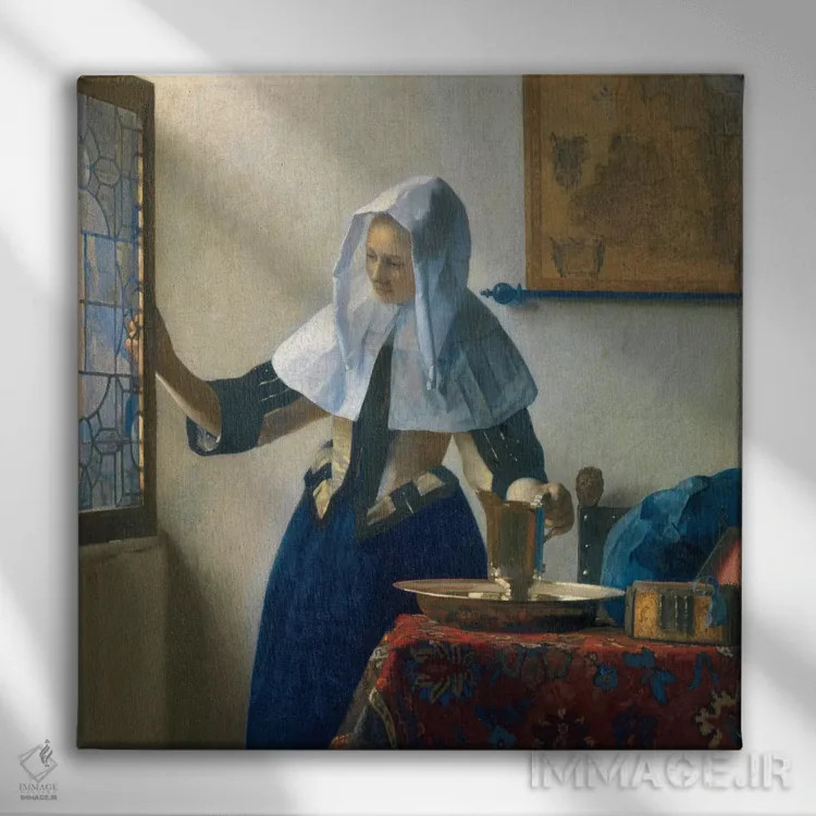 تابلو c.1662,بانوی جوان با کوزه آب، حدود ۱۶۶۲ اثر یوهانس ورمیر (نقاش هلندی) - نمای روبهرو روی دیوار