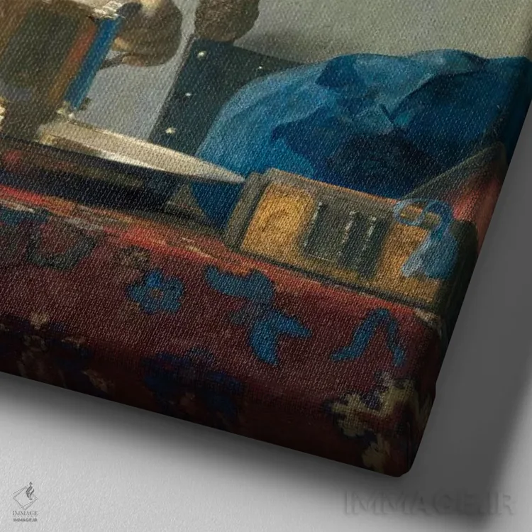 تابلو c.1662,بانوی جوان با کوزه آب، حدود ۱۶۶۲ اثر یوهانس ورمیر (نقاش هلندی) - نمای نزدیک بافت بوم