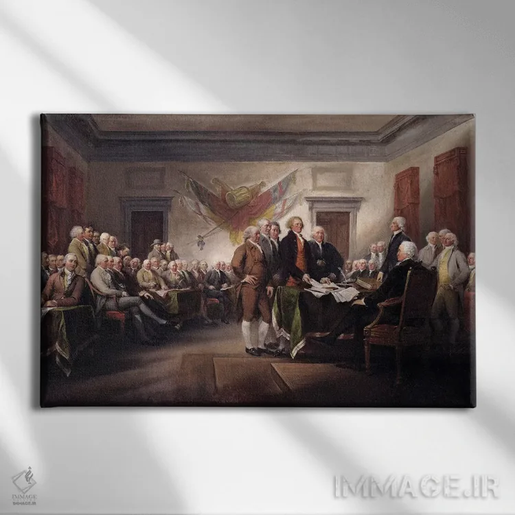 تابلو c.1817 (Yale University Art Gallery),اعلامیه استقلال، حدود ۱۸۱۷ (گالری هنری دانشگاه ییل) اثر جان ترامبول (نقاش تاریخنگار آمریکایی) - نمای روبهرو روی دیوار
