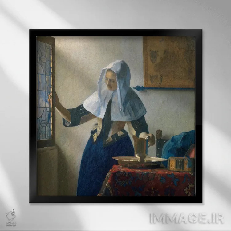 تابلو c.1662,بانوی جوان با کوزه آب، حدود ۱۶۶۲ اثر یوهانس ورمیر (نقاش هلندی) - نمای قابدار مشکی