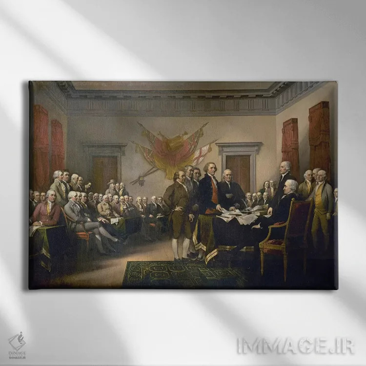 تابلو 1817-18 (US Capitol Collection),اعلامیه استقلال، ۱۸۱۷–۱۸ (مجموعه کنگره آمریکا) اثر جان ترامبول (نقاش تاریخنگار آمریکایی) - نمای روبهرو روی دیوار