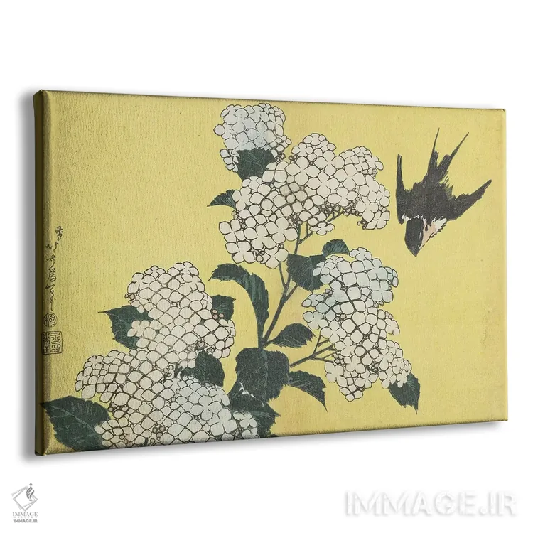 تابلو c.1832,گل ادریسی و پرستو، حدود ۱۸۳۲ اثر کاتسوشیکا هوکوسای (نقاش و هنرمند ژاپنی) - نمای پرسپکتیو محصول