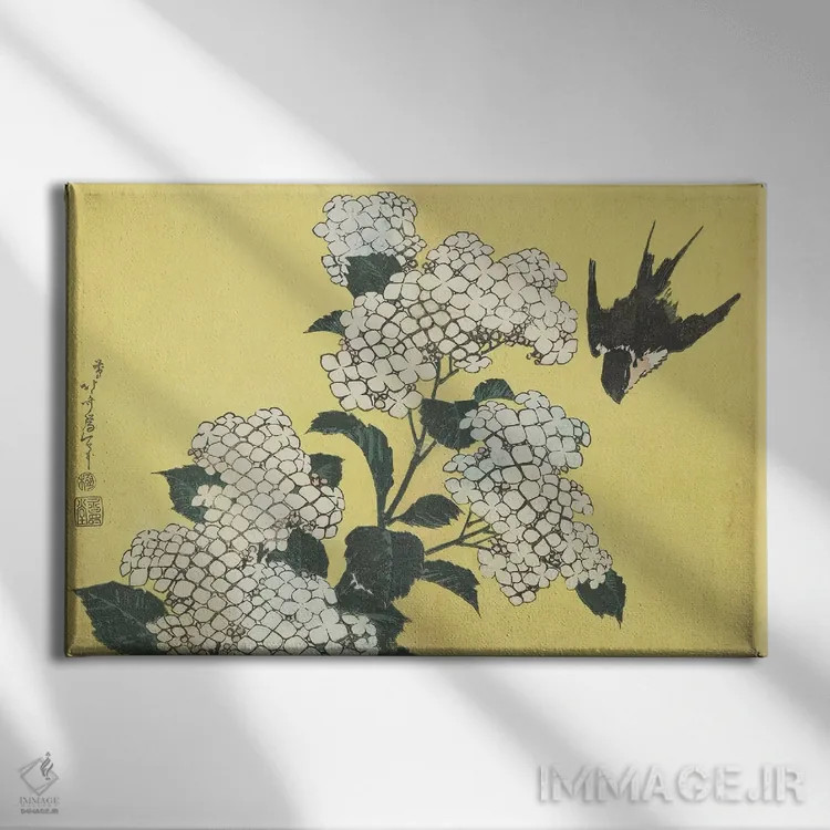 تابلو c.1832,گل ادریسی و پرستو، حدود ۱۸۳۲ اثر کاتسوشیکا هوکوسای (نقاش و هنرمند ژاپنی) - نمای روبهرو روی دیوار