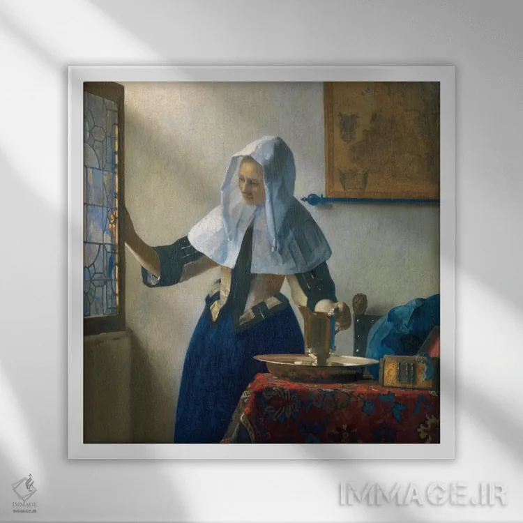 تابلو c.1662,بانوی جوان با کوزه آب، حدود ۱۶۶۲ اثر یوهانس ورمیر (نقاش هلندی) - نمای قابدار سفید