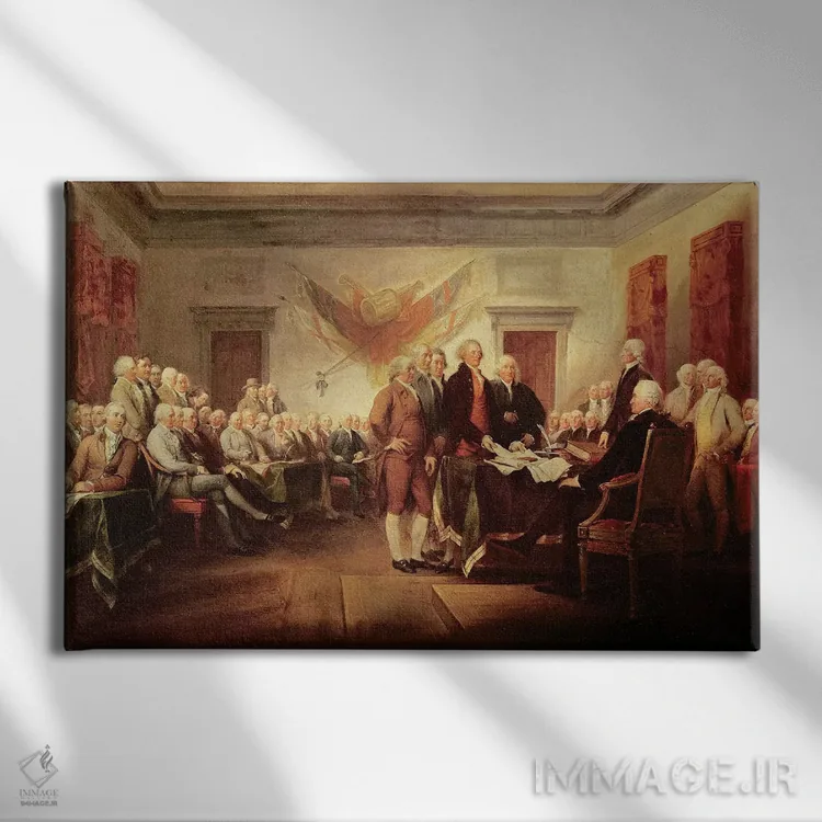 تابلو c.1817 (US Capitol Collection),اعلامیه استقلال، حدود ۱۸۱۷ (مجموعه کنگره آمریکا) اثر جان ترامبول (نقاش تاریخنگار آمریکایی) - نمای روبهرو روی دیوار