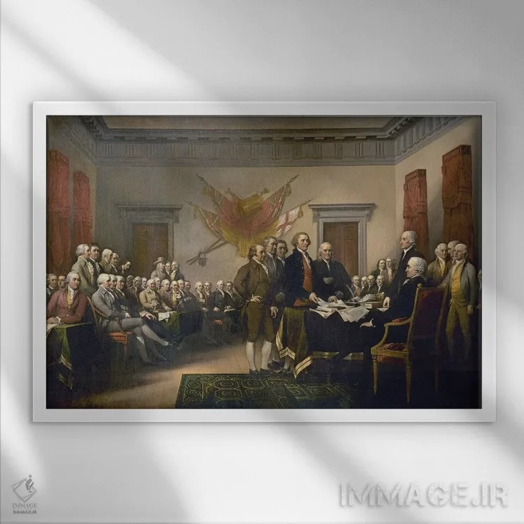 تابلو 1817-18 (US Capitol Collection),اعلامیه استقلال، ۱۸۱۷–۱۸ (مجموعه کنگره آمریکا) اثر جان ترامبول (نقاش تاریخنگار آمریکایی) - نمای قابدار سفید